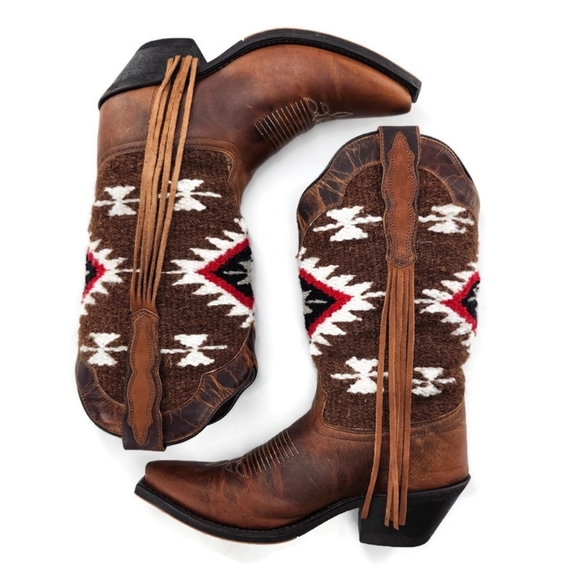 Laredo Bailey Honey Brown Leather Woven Southwestern Print Western Cowboy Boots - Picture 9 of 15